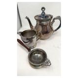 Silver plate, teapot creamer, and tea holder