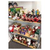 Three shelves of Christmas decor