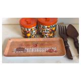 Vintage Wooden Spoon & Fork, Canisters & Tray