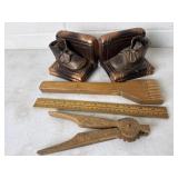 Bronze Baby Shoe Bookends & Wood Utensils