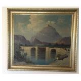 Framed Oil Painting Mt Bridge Scene Signed