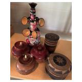 Lot of Handcrafted Wooden Boxes & Painted Bottle