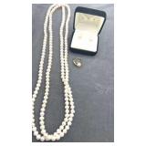 52" Strand of Pearls, SS Pear Earring & Ring Sz 5