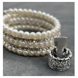 Size 6 Crown Ring & Pearl/Rhinestone Wrap Bracelet