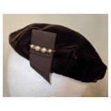 Vintage Velvet Style Beret Hat w/ Faux Pearl