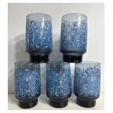 Libbey Lowball Glasses Blue Scroll Set of 5