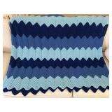 Hand crocheted blue chevron zig zag afghan blanket