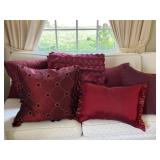 Collection of 7 burgundy deep red accent pillows