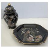 Otagiri Black Enamel Ceramic Ginger Jar & Plate