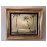 Beach Scene oil on canvas in gold frame
