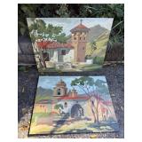 Spanish Mission Oil on Board Art Pair each