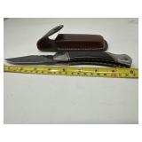 Damascus Folding Knife w/ Leather Sheath