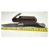Damascus Folding Knife w/ Leather Sheath