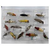 Vintage Wooden Fishing Lures in Clear Tackle Box