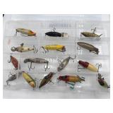 Vintage Wooden Fishing Lures in Clear Tackle Box