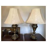 Pair of Brass Table Lamps w/ Damask Shades