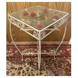 White Metal & Glass Table w/ Rose Accents