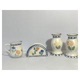 Floral Ceramic Candleholders, Creamer & Napkin