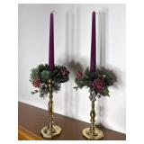 Brass Candlestick Pair w/ Christmas Accents