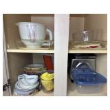 Kitchen Cabinet Lot w/ Toaster Oven, Casseroles