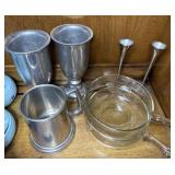 Pewter Goblets, Candlesticks, Glass Bowls