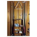 Pool Cues, Rack & Misc. Supplies