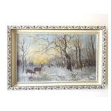 Winter Deer Landscape Framed Oil Painting