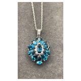 Blue Stone SS Pendant & Chain. 16". 5.5g