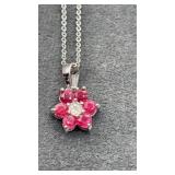 Sterling Silver  Red Floral Necklace 18"  2.7g