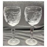 Etched Crystal Wine Goblets with Faceted Stem