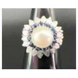 14K White Gold Pearl & Sapphire Daisy Ring