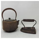 Antique Cast Iron Tea Kettle & Sad Iron Set