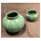 Studio Art Pottery Vase Pair Teal Green Glaze