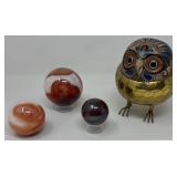 Group of Decorative Agate Spheres & Brass Owl