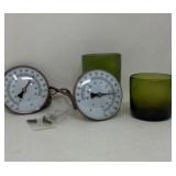 Vintage Green Glass Candle Holders & Thermometer