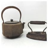 Antique Cast Iron Tea Kettle & Sad Iron Set
