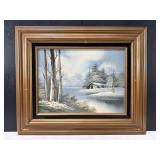 Winter Cabin Landscape Painting Framed