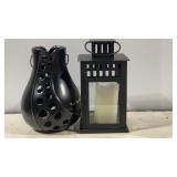 Black Metal Lantern & Ceramic Candle Holder Décor