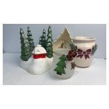 Three Christmas candle holders and Dish