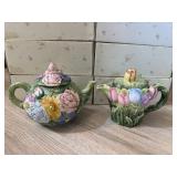 Floral Relief Ceramic Teapots Pair