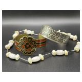 Brass Cuff Bracelets & Carved Bead Necklace