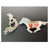 Silver Navajo Horse & Sterling Kokopelli Brooch