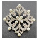Sterling Silver Faux Pearl Jeweled Brooch
