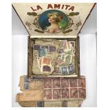 Stamp Collction In Cigar Box w/ Greek Italian