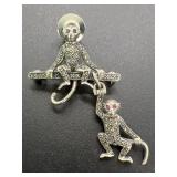 Signed Sterling Silver Monkey Brooch