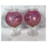 Pair Opalescent Cranberry Glass Vase Ruffled Rim