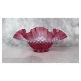 Fenton Opalescent Cranberry Hobnail Ruffled Bowl