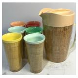 MCM Raffia Ware Pitcher and 6 Tumbler
