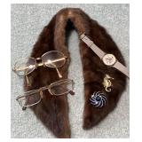Fur Neck Stole Brooches Watch & Glasses