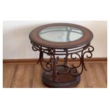 Wooden Round End Table w Glass Top